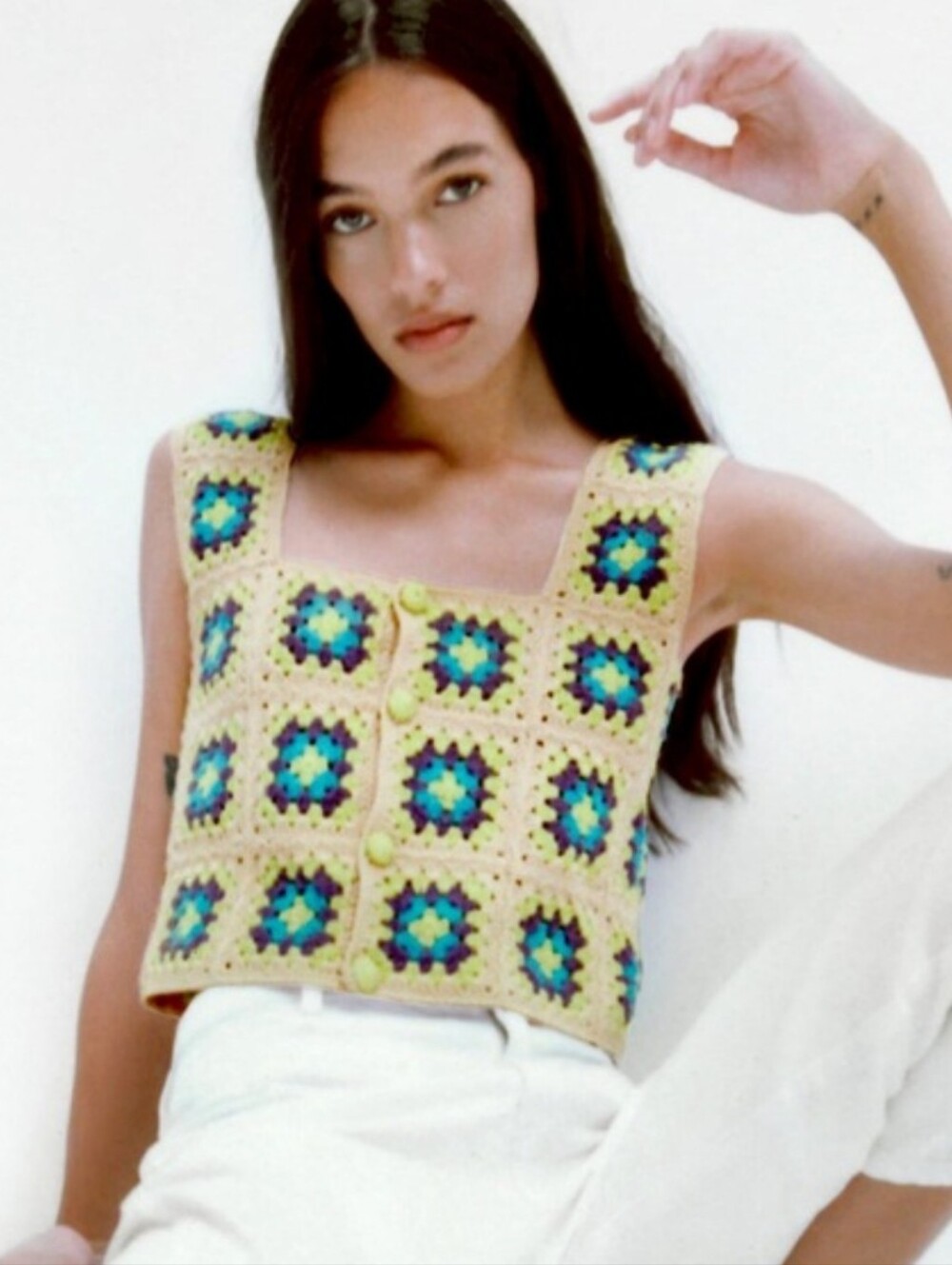 ZARA Crochet Square Knit Boho Festival Cropped Sweater Tank Sz L